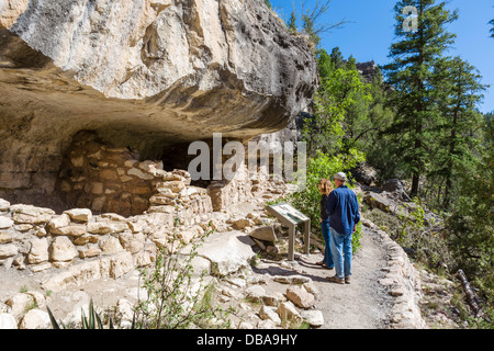 Touristen auf der Suche auf einige der Sinagua Klippenwohnungen Walnut Canyon National Monument in der Nähe von Flagstaff, Arizona, USA Stockfoto