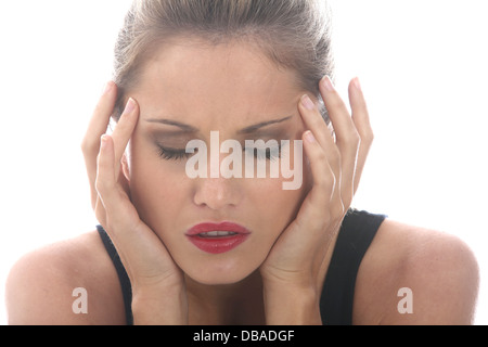-Modell veröffentlicht. Gestresste junge Frau mit Kopfschmerzen Stockfoto