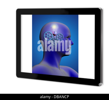 Profil von einem Mann mit Getriebe und eine Glühbirne in seinem Kopf Show am Tablet gemacht in 2d Software isoliert auf weiss Stockfoto