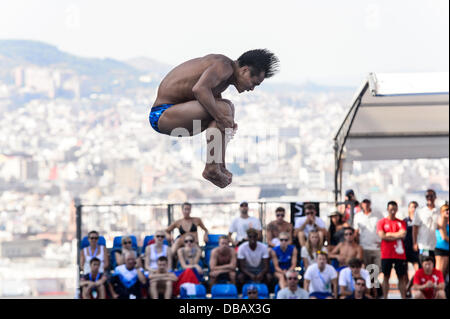 Barcelona, Spanien. 26. Juli 2013: Chinas Chong He konkurriert in der Männer 3-Meter-Sprungbrett Finale bei den 15. FINA Weltmeisterschaften in Barcelona. Bildnachweis: Matthi/Alamy Live-Nachrichten Stockfoto