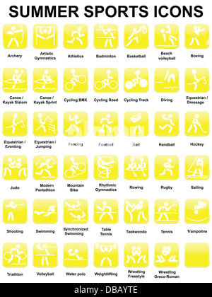 Set gelb glänzende quadratischen Symbole mit Sommersportarten Stockfoto