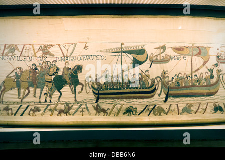 Frankreich Normandie, Bayeux Tapestry Panel 38, "Duke William mit einer großen Flotte überquerte das Meer" Stockfoto