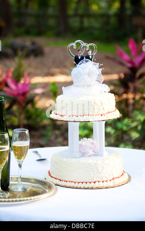 Hochzeitstorte und Champagner auf einem Tisch im Garten eingerichtet. Zwei Pfleger stehen ganz oben auf dem Kuchen. Stockfoto