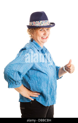 Reifen Sie plus Size Frau Daumen aufgeben und lächelnd. Isoliert auf weiss. Stockfoto
