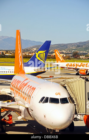 EasyJet Airbus A319 verbunden mit einem Airbridge und Ryanair Boeing 737-800 an der hinteren, Flughafen Malaga, Spanien. Stockfoto