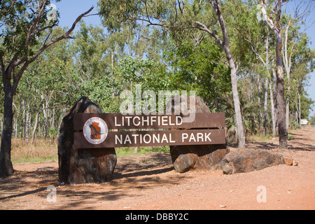 Eingangsschild zum Litchfield National Park, Australien Stockfoto