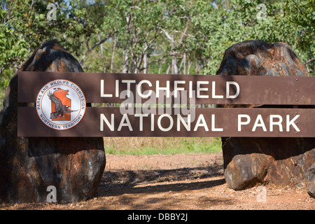 Eingangsschild zum Litchfield National Park, Australien Stockfoto