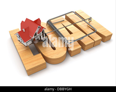 Konzept des Darlehens. Haus und Mausefalle. 3D Stockfoto