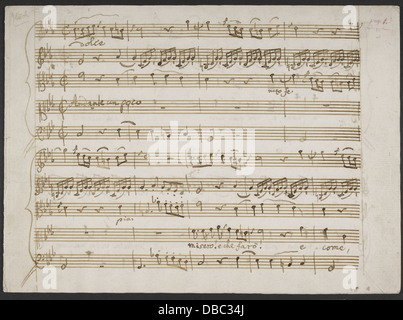 Dieses Manuskript von Christoph Willibald Gluck enthält das Stück „Misero e che Far“ aus seiner Oper *Alceste*, das ein wichtiges Werk der klassischen Musikgeschichte darstellt. Stockfoto