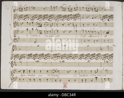 Ein Manuskriptauszug aus Christoph Willibald Glucks Oper *Alceste*, insbesondere die Arie Misero e che farò. Das Manuskript stellt einen wichtigen Moment in Glucks musikalischer Komposition dar. Stockfoto