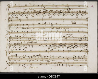 Dieses Manuskript enthält eine Komposition von Christoph Willibald Gluck, insbesondere „Misero e che faró“ aus seiner Oper „Alceste“. Das Stück ist Teil der historischen Musiksammlung und spiegelt Glucks Beiträge zur Oper im 18. Jahrhundert wider. Stockfoto