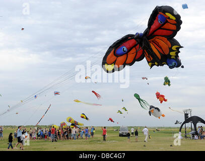 Drachen aller Varianten sind sichtbar oberhalb des Strandes in Schillig, Deutschland, 28. Juli 2013. Das Drachenfest am Jadebusen zieht Nuserous Kiten Organisationen und Besucher in die Nordsee zu kommen. Foto: INGO WAGNER Stockfoto