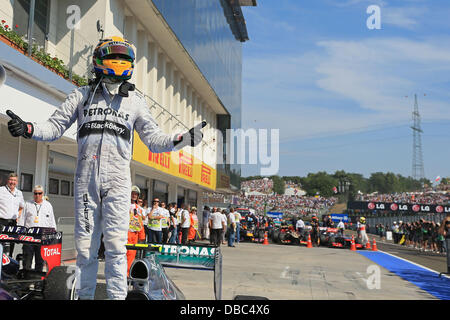 Budapest, Ungarn. 28. Juli 2013. 2013 Hugarian Grand Prix, Hungaroring. Lewis Hamilton springt aus seinem Auto in der Boxengasse, als er den Hungaroring GP Kredit gewinnt: Action Plus Sport/Alamy Live News Stockfoto