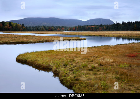 Berge über Marshall Brook, ein gewundenen Wasserstraße und Marsh Ländereien im Acadia National Park, Maine, USA Stockfoto