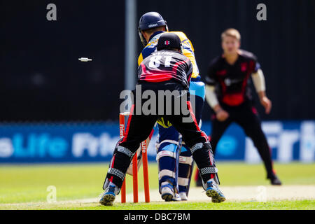 Leicester, UK. Sonntag, 28. Juli 2013.  Yorkshires Gary Ballance ist überwältigt von Josh Cobb (rechts). Aktion von FriendsLife t20 Nordgruppe Cricket match zwischen Leicestershire Foxes und Yorkshire Wikinger. Bildnachweis: Graham Wilson/Alamy Live-Nachrichten Stockfoto