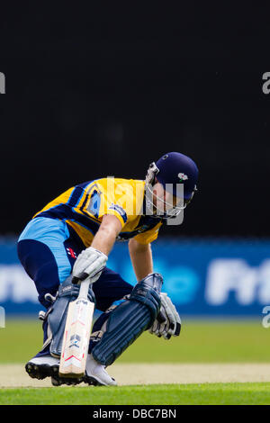 Leicester, UK. Sonntag, 28. Juli 2013.  Aktion von FriendsLife t20 Nordgruppe Cricket match zwischen Leicestershire Foxes und Yorkshire Wikinger. Bildnachweis: Graham Wilson/Alamy Live-Nachrichten Stockfoto