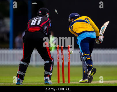 Leicester, UK. Sonntag, 28. Juli 2013.  Yorkshires Richard Pyrah ist von Leicestershires Shakib Al Hasan (nicht abgebildet) rollte. Aktion von FriendsLife t20 Nordgruppe Cricket match zwischen Leicestershire Foxes und Yorkshire Wikinger. Bildnachweis: Graham Wilson/Alamy Live-Nachrichten Stockfoto