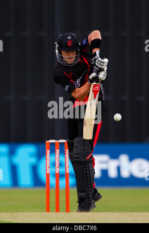 Leicester, UK. Sonntag, 28. Juli 2013. Leicestershire Josh Cobb wehrt einen kurzen Ball.  Aktion von FriendsLife t20 Nordgruppe Cricket match zwischen Leicestershire Foxes und Yorkshire Wikinger. Bildnachweis: Graham Wilson/Alamy Live-Nachrichten Stockfoto