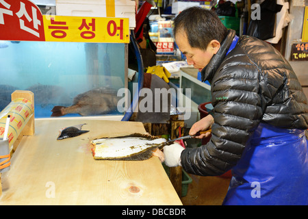Arbeitnehmer Kürzungen Fisch bei Noryangjin Großhändler Fischerei, Seoul, Südkorea. Stockfoto