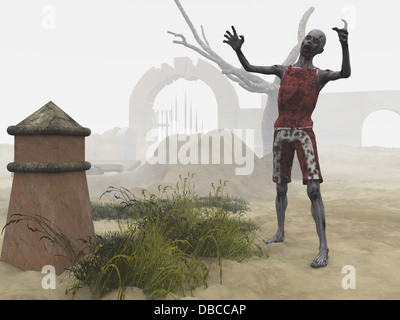 Zombie im nebligen Friedhof Stockfoto
