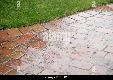 Schwere Regentropfen auf rustikalen aus rotem Backstein Innenhof Pflasterung in UK Garten mit porösen Fugen als Oberflächenwasser Sickerschacht spritzt Stockfoto