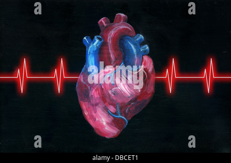 Illustration des menschlichen Herzens mit Pulslinie auf schwarzem Hintergrund Stockfoto