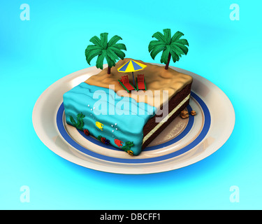 Anschauliches Bild Torte mit Strand-Konzept für Urlaub Stockfoto