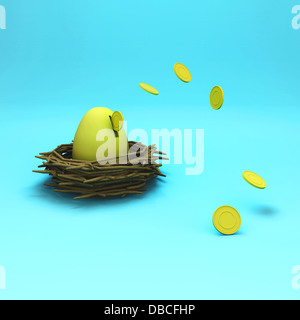 Anschauliches Bild des Ei im Nest mit Münzen die Investition Stockfoto