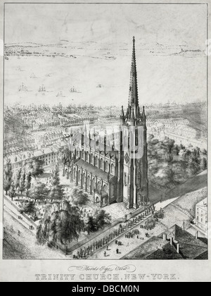 Vogelperspektive der Trinity Church in New York City, ca. 1846 Stockfoto