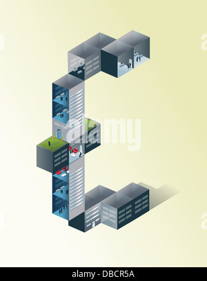 Illustration des Euro geformte Gebäude vor farbigem Hintergrund Stockfoto
