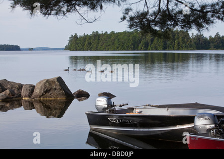 Eine Motorboot liegt auf Sebago See im Süden Casco, Maine Stockfoto