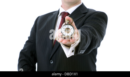 Geschäftsmann hielt eine Taschenuhr mit 09:00 isoliert auf weißem Hintergrund Stockfoto