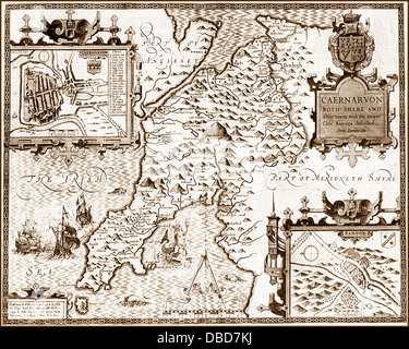 17. Jahrhundert (1610)-Karte von Caernarvon Caernarvonshire Stockfoto