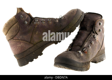 Paar aufgeschnürt abgenutzt verwitterten braun Leder Stiefel Stockfoto