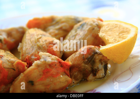 Reis in Zucchini Blüten türkische Mahlzeit mit Zitrone Stockfoto