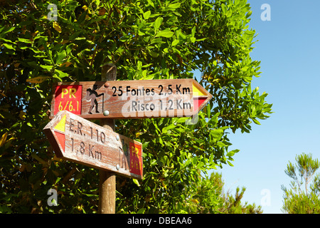 Ein Wegweiser zu 25 Fontes und Risco Levada, Rabacal, Insel Madeira, Portugal Stockfoto