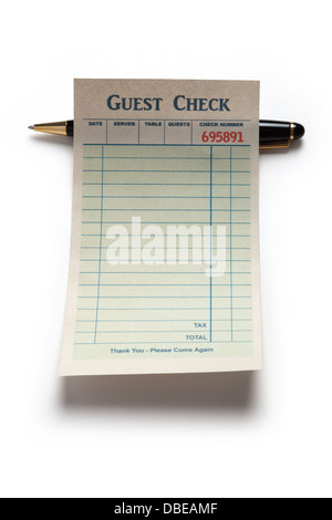 Blank Guest Check und Stift, Konzept von Restaurant Kosten. Stockfoto