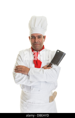 Ein Profi-Koch mit einem Fleischerbeil auf weiß. Stockfoto