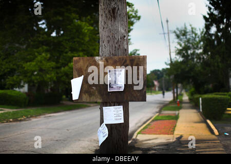 23. Juli 2013 - Cleveland, Ohio, USA - A fehlende Person Flyer von Shireloda Helen Terry hängt ein Telefonmast in der Nähe von East 146. St und St Clair. Die Familie setzt sich täglich und Hände Flyer gehofft, jemand habe Informationen über ihre Tochter. Der Vater der ein 18-j hrige Mädchen, vermisst, auf dem Heimweg von einem Ferienjob Anfang dieses Monats, bezeichnete den schrecklichen Moment, erfuhr er, dass seine Tochter ermordet worden war. Van Terry und seine Familie hatten übergeben worden, Flieger zu versuchen, Shirellda Helen Terry, als er, ihr Körper erfuhr war eine von drei fand am Samstag, den 27. Juli, 20 Stockfoto