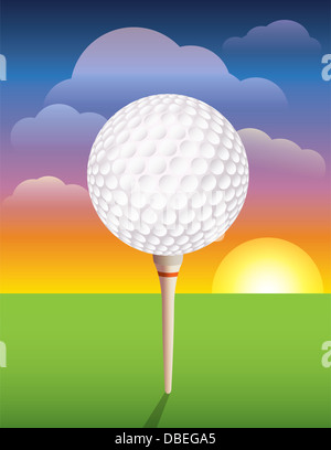 Golfball auf Tee vor Sonnenaufgang/Sonnenuntergang Hintergrund. Ein schönes Design-Hintergrund für ein Golf-Turnier-Einladung, Flyer, Broschüre, Stockfoto