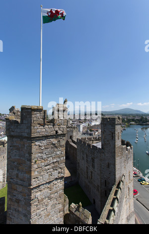 Stadt von Caernarfon, Wales. Malerische Aussicht auf die walisische Nationalflagge über Caernarfon Castle Adler Turm fliegen. Stockfoto