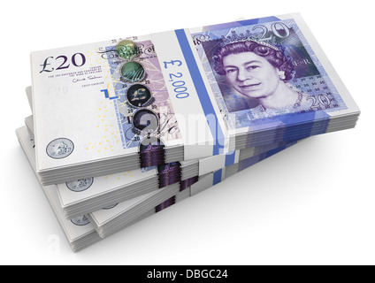 Stapel von £20 Pfund-Noten auf weißem Hintergrund Stockfoto