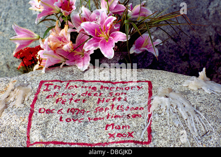 Denkmal-Blumen und In liebevolle Erinnerung Nachricht geschrieben in roter Schrift auf Felsen, von trauernden Mutter um ihren toten Sohn Kerze Vigil Stockfoto