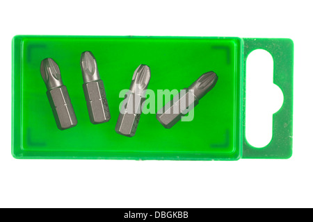 Vier Pozidrive PZ3 Schrauberbits Kopf in einer grünen Kunststoffbox Stockfoto