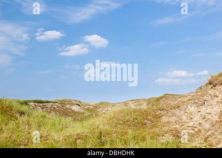 Bewachsene Sanddünen an der Nordsee in Norderney, Deutschland mit tiefblauem Himmel. Stockfoto