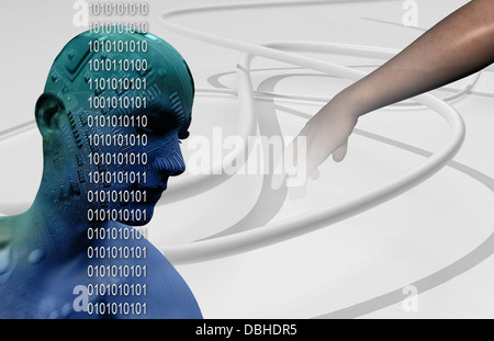 Digitalen Cyber Circuit Kopf 3D auf weißem Hintergrund mit Schlauch am Ende hand Stockfoto