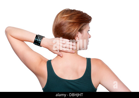 Mädchen berühren ihren Hals, eine moderne Internet-Smart-Uhr zu tragen. Isoliert auf weiss - alle Schnittstellen, wo von mir erstellt Stockfoto