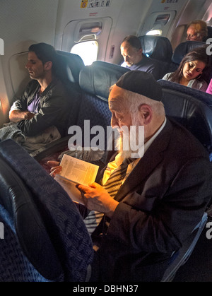 Tragen eine Kippa Käppchen, liest ein bärtiger orthodoxer Jude aus einem Buch auf Hebräisch auf ein Verkehrsflugzeug Stockfoto