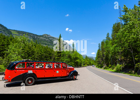 Red Bus Tour auf dem Parkplatz von McDonald stürzen, Going to the Sun Road, Glacier National Park, Montana, USA Stockfoto