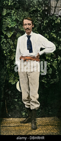 Der britische Autor Robert Louis Stevenson auf Samoa, ungefähr 1890. Handcolorierte halftone Wiedergabe einer Fotografie Stockfoto